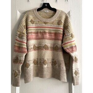 Etro Milano Textured Knit Sweater Gold Diamond Stripe Crew Boho Cottagecore Sz42